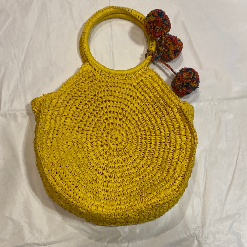 Aldo Yellow Straw Circular Tote with Multicolor Pom Poms